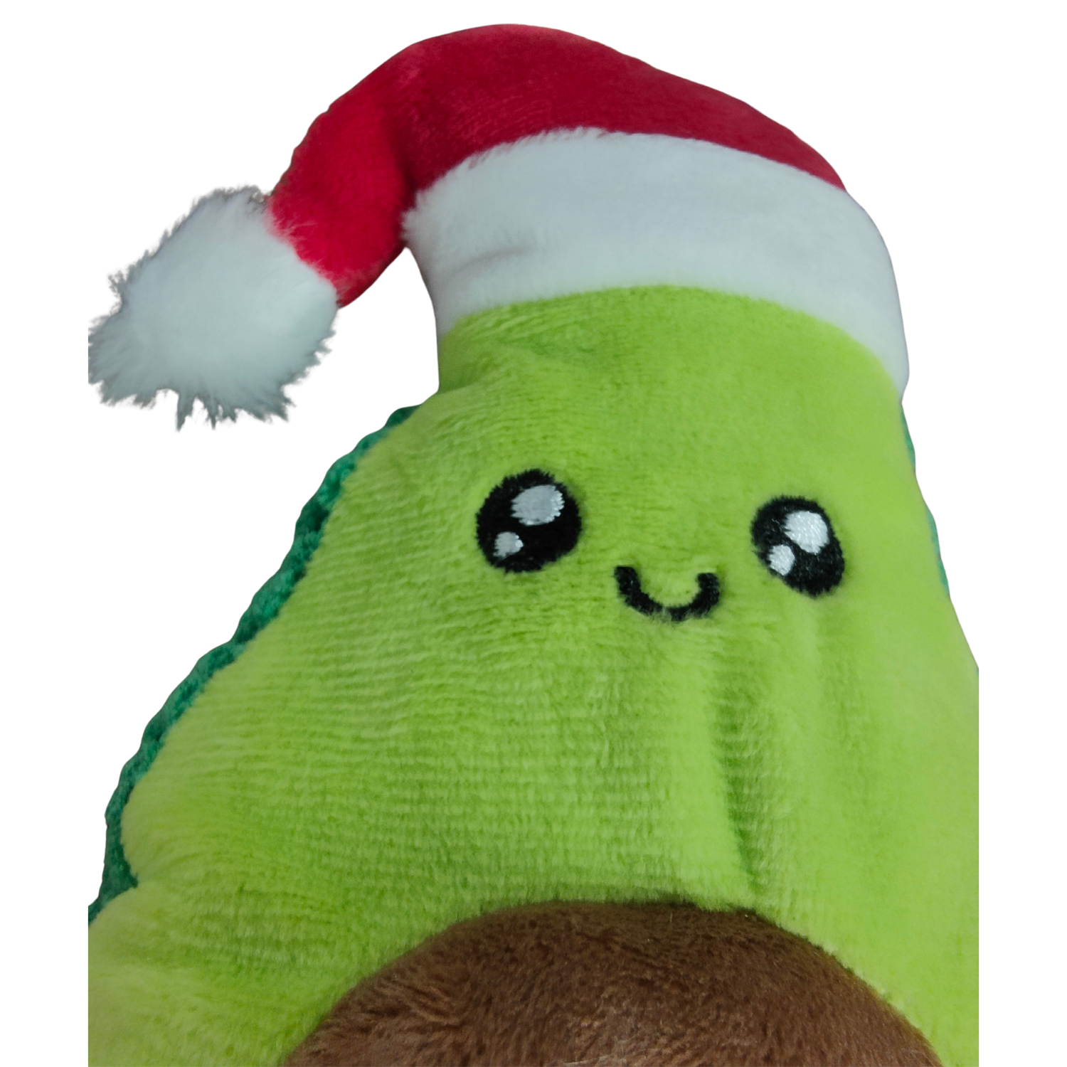 Plush avocado dog toy wearing a red Santa hat on a white background