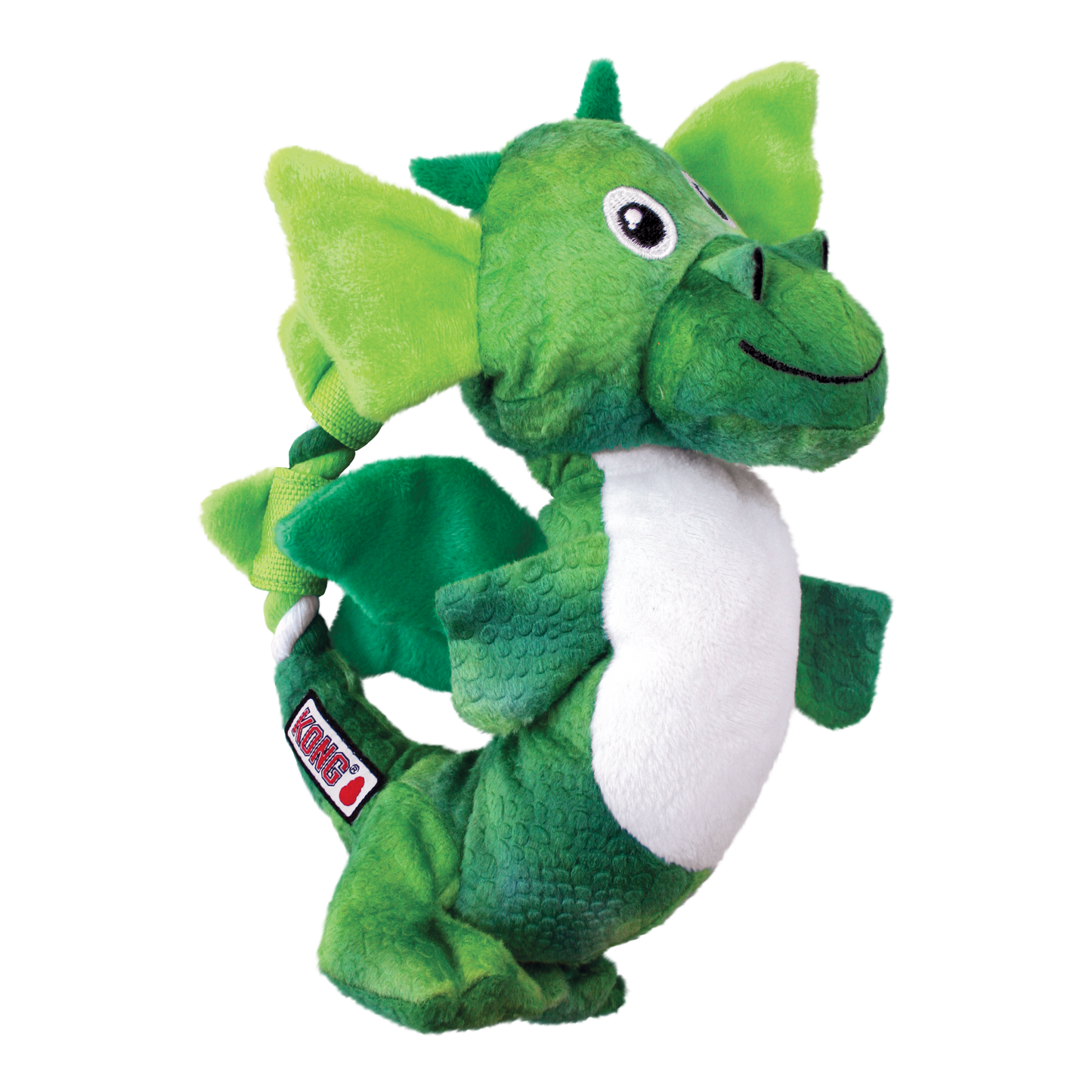 Green plush dragon dog toy on a white background