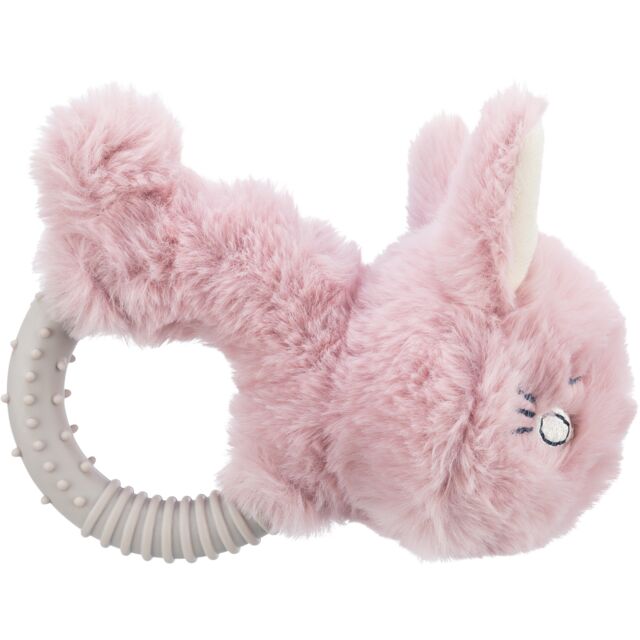 Pink plush bunny dog  toy with a gray textured ring on a white background