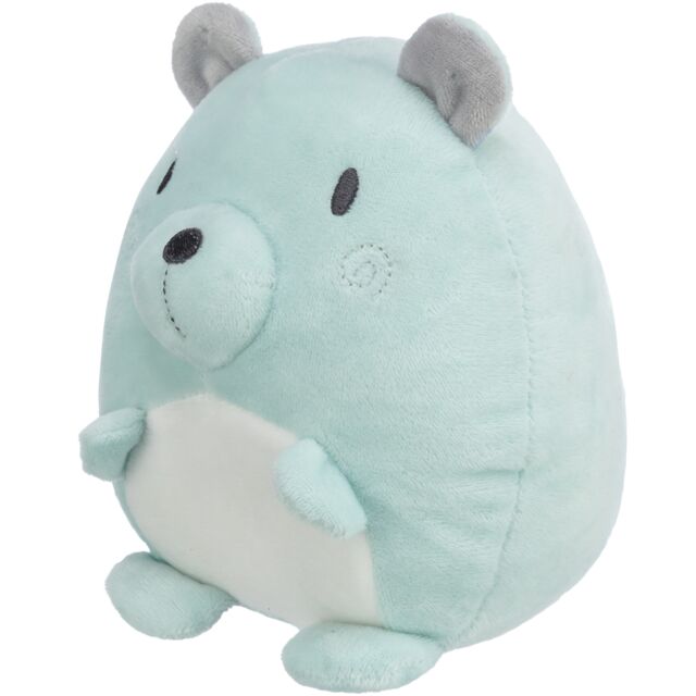 Plush dog  toy hippo with light blue body, gray ears, and white belly on a white background