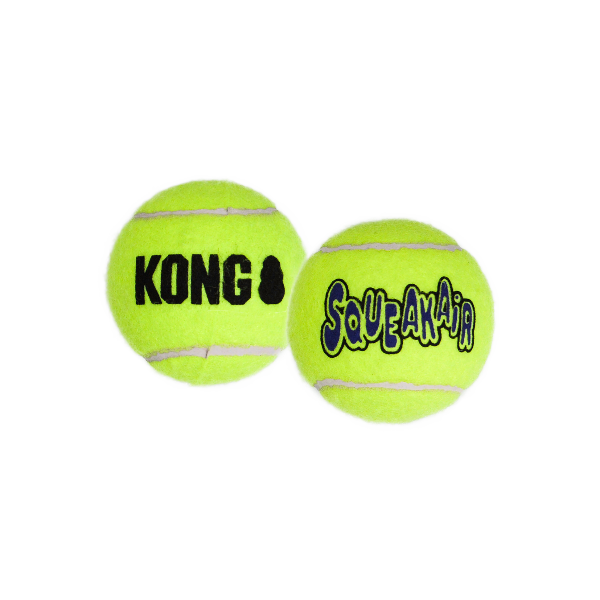 Two green KONG Squeak-a-JaR tennis balls on a white background
