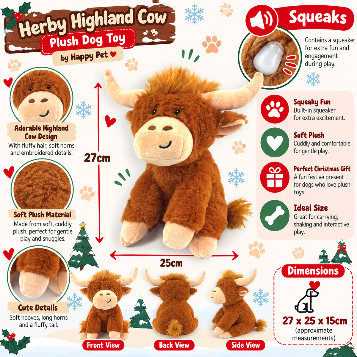 Herby Highland Cow 🐂 Plush Christmas Dog Toy by Happy Pet