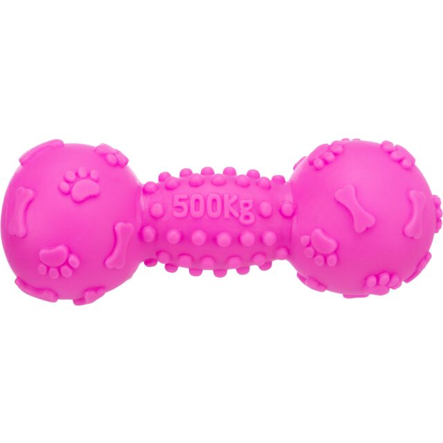 Pink dog toy with paw and bone designs on a white background