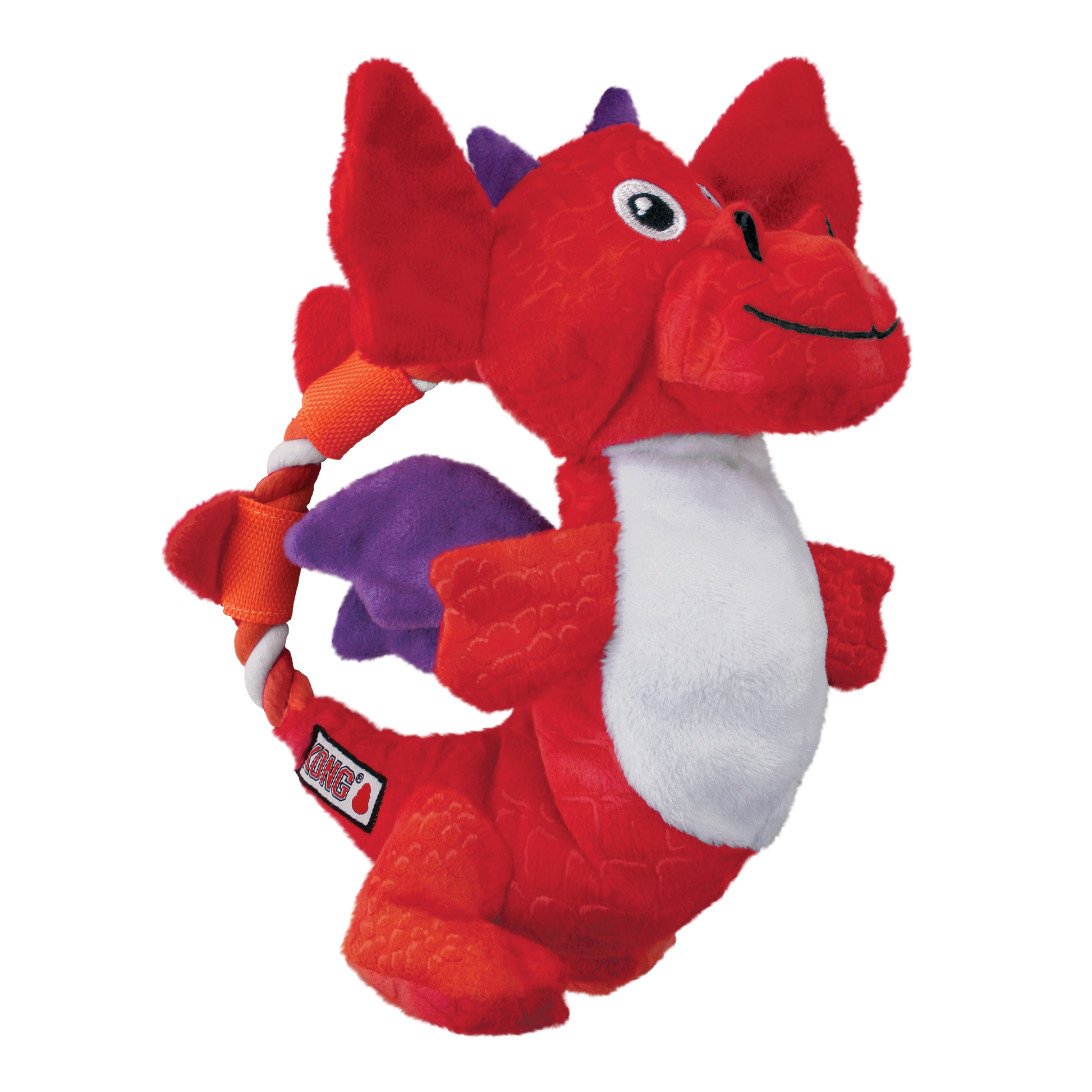 Red dragon-shaped plush dog toy with a white belly on a white background