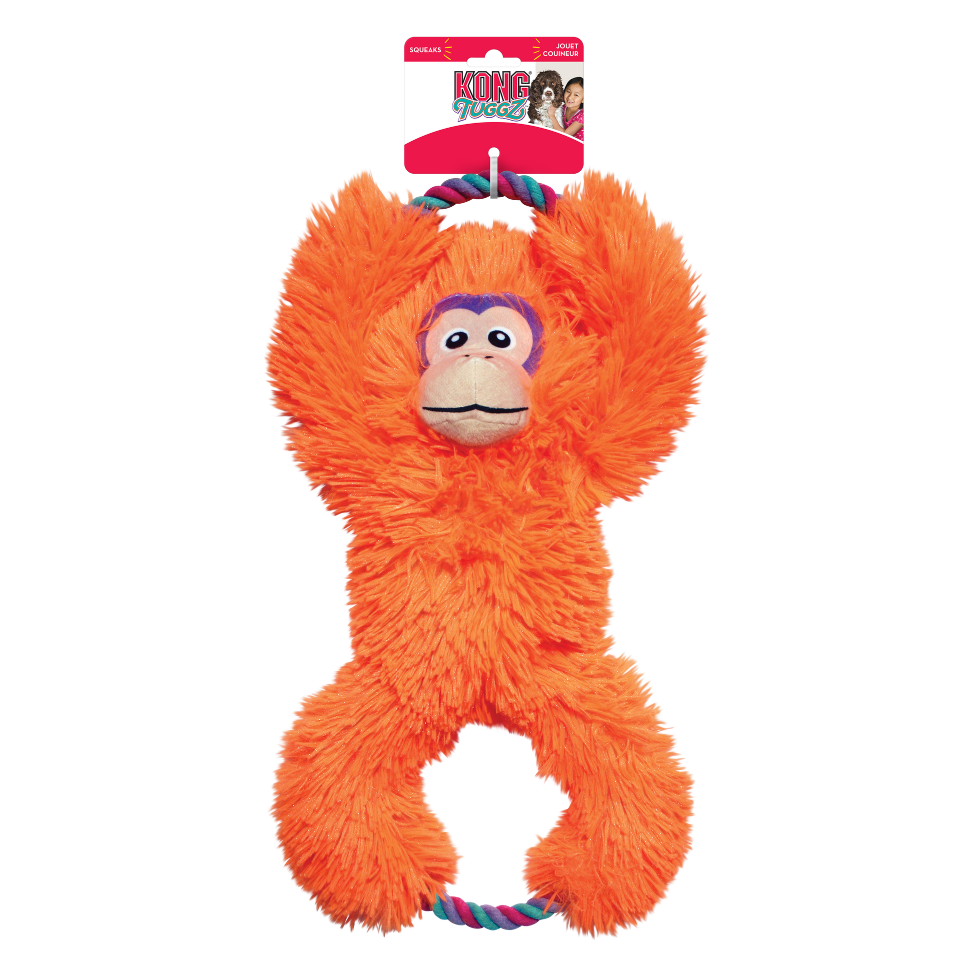 Orange monkey-shaped dog toy with a rope on a white background