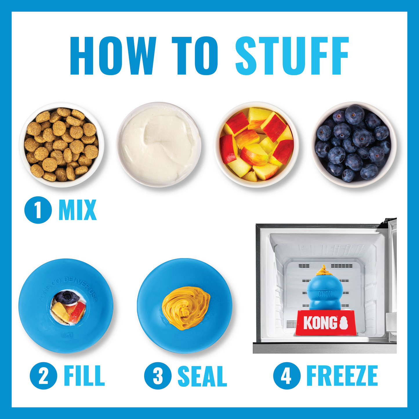 Step-by-step guide on how to stuff a KONG product with various ingredients.