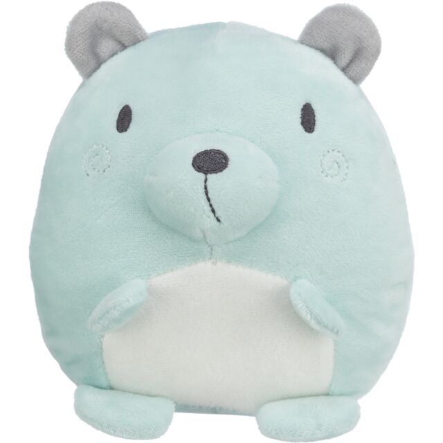 Plush dog toy bear with a light blue body and gray ears on a white background