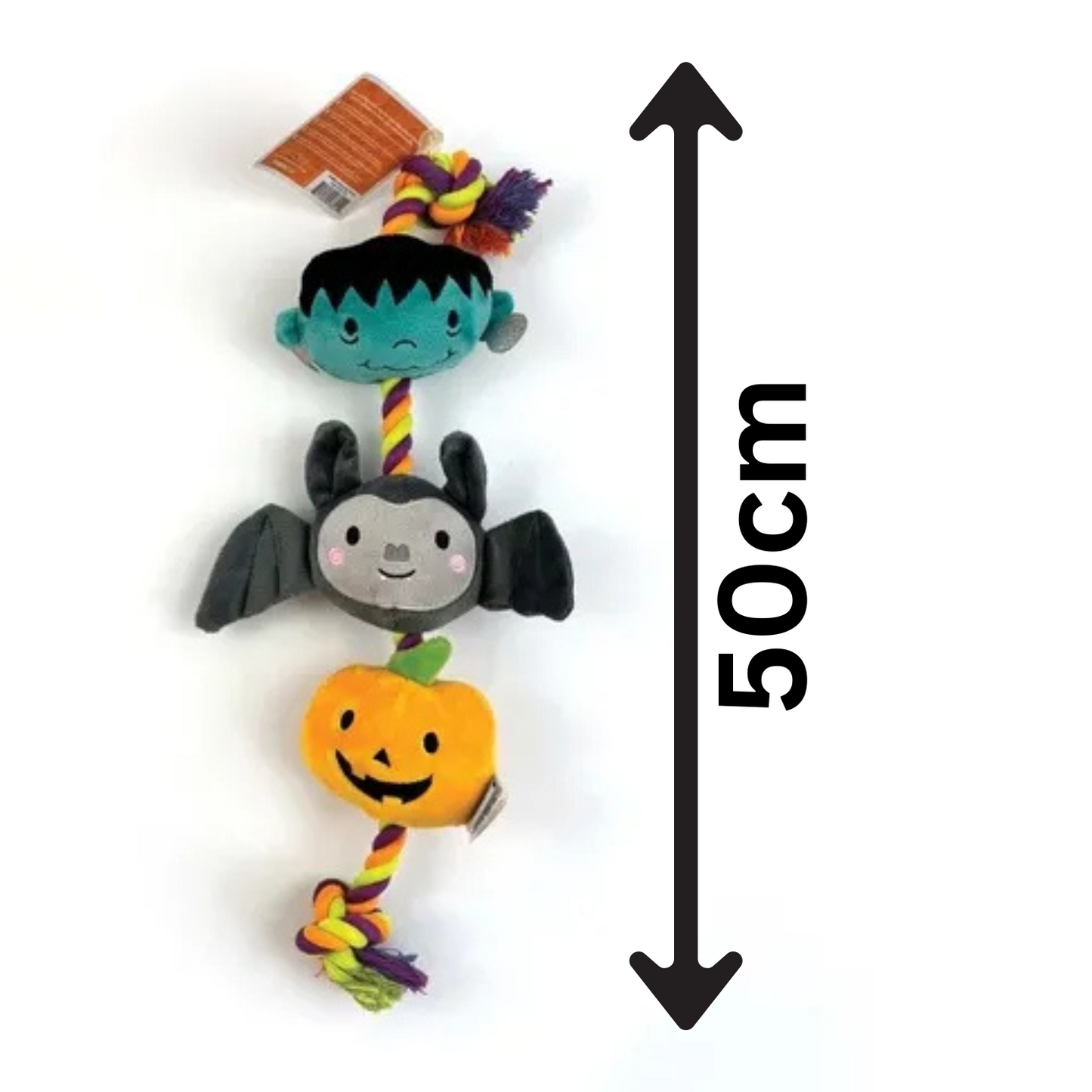 Halloween-themed pet toy with characters and a measurement label on a white background