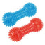 Two textured dog toys, one blue and one red, on a white background