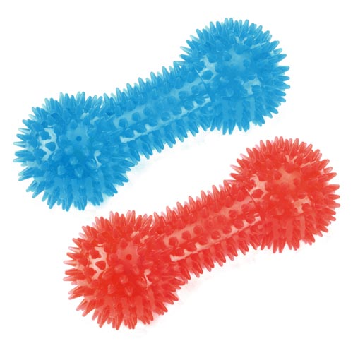 Two textured dog toys, one blue and one red, on a white background