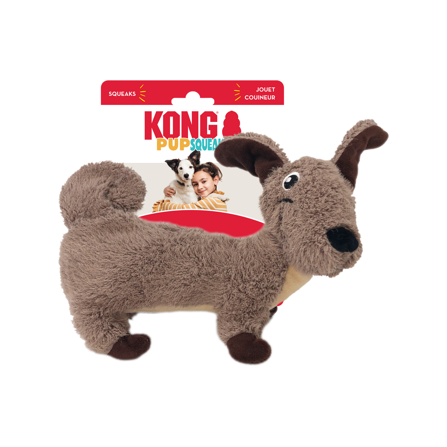 Kong PupSqueak dog toy with packaging on a white background