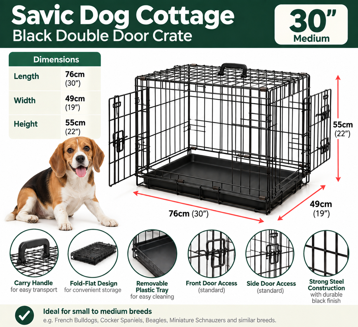 Savic | Dog Cottage | Black Double Door Cage Crate