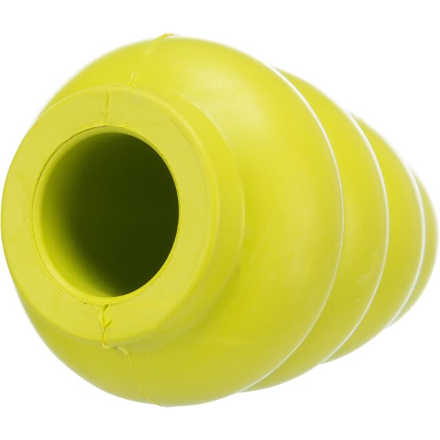 Yellow rubber dog toy with a central hole on a white background
