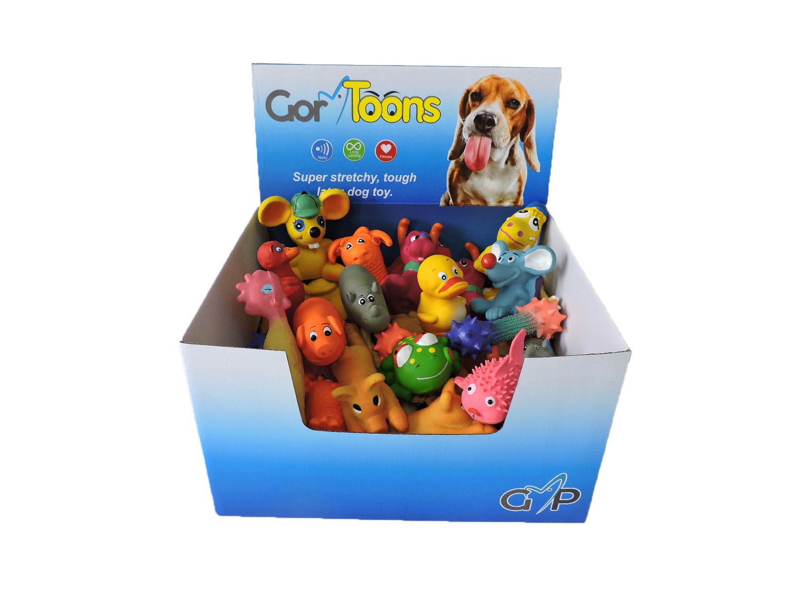 Box of colorful dog toys with 'GorToons' branding on a white background