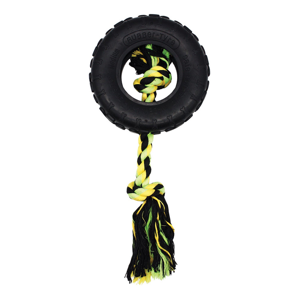 Dog toy with black tire and colorful rope on a white background