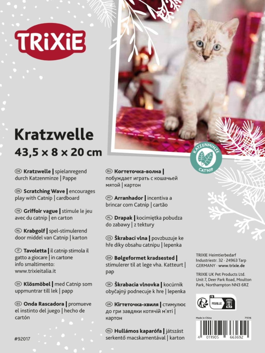 Trixie cat scratcher packaging with a kitten on a red blanket