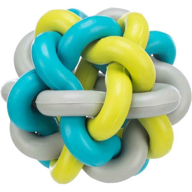 Colorful knot ball toy with blue, yellow, and gray colors on a white background