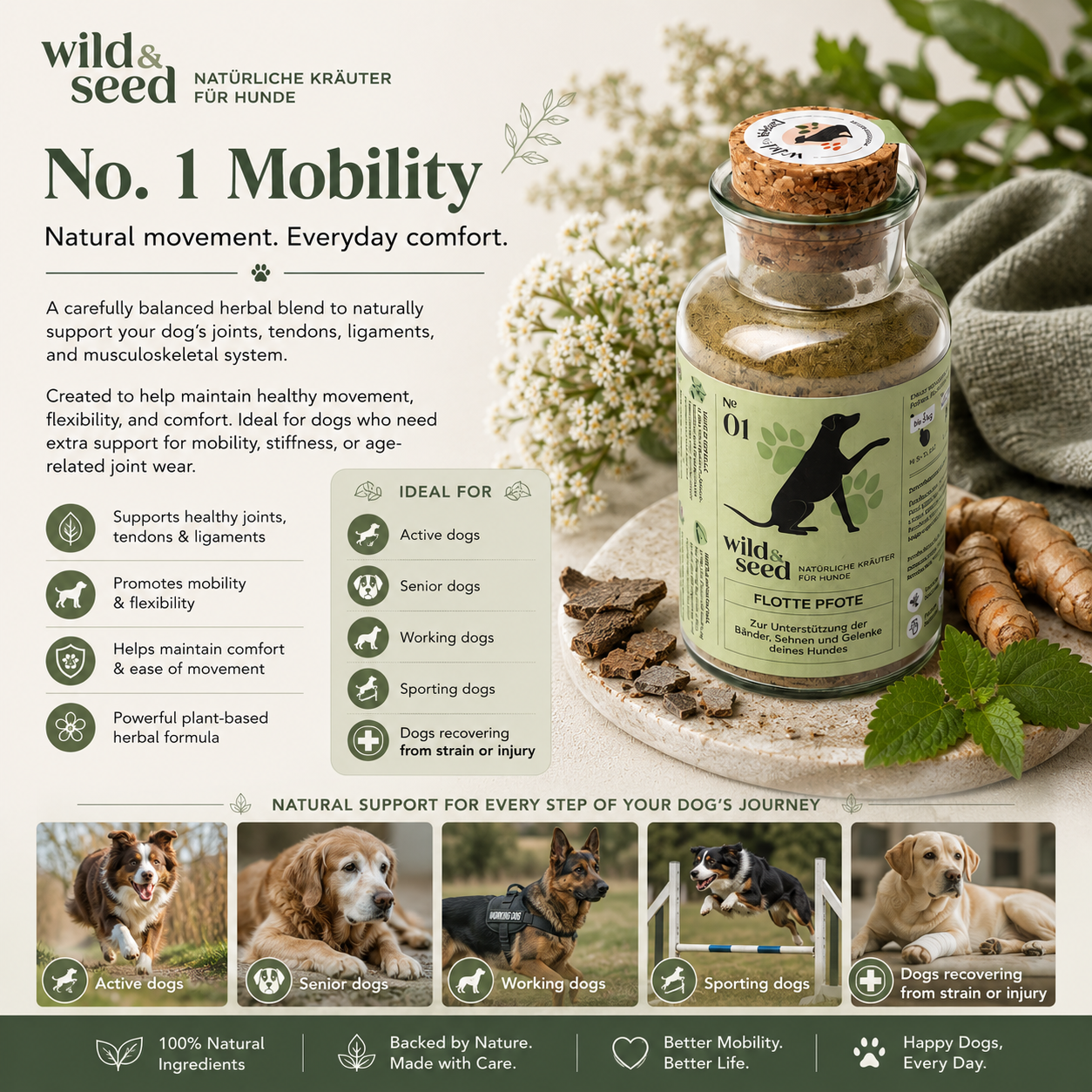 Wild&Seed Herbs No. 1 Flotte Pfote | Natural Dog Joint Support for Tendons, Ligaments & Long-Term Mobility