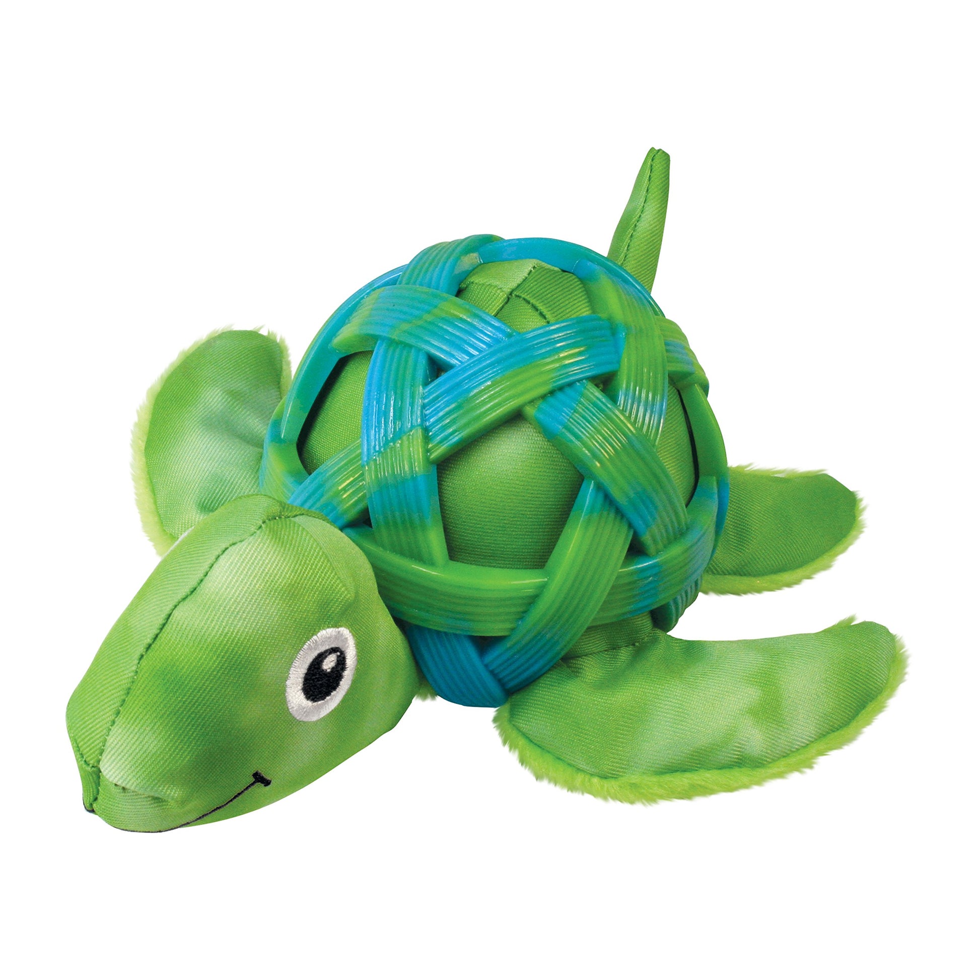 Green turtle dog toy with blue woven pattern on a white background