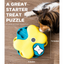 Dog interacting with a yellow and blue treat puzzle toy on a wooden floor.