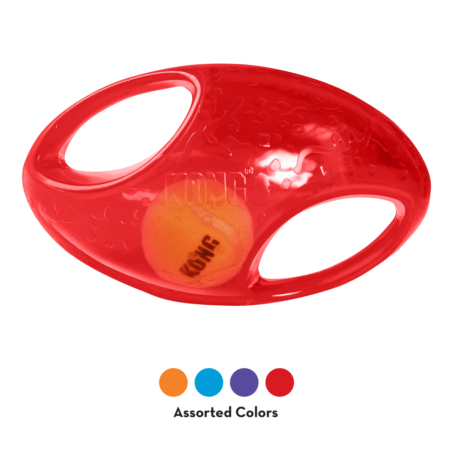 Red dog toy with an orange ball inside on a white background