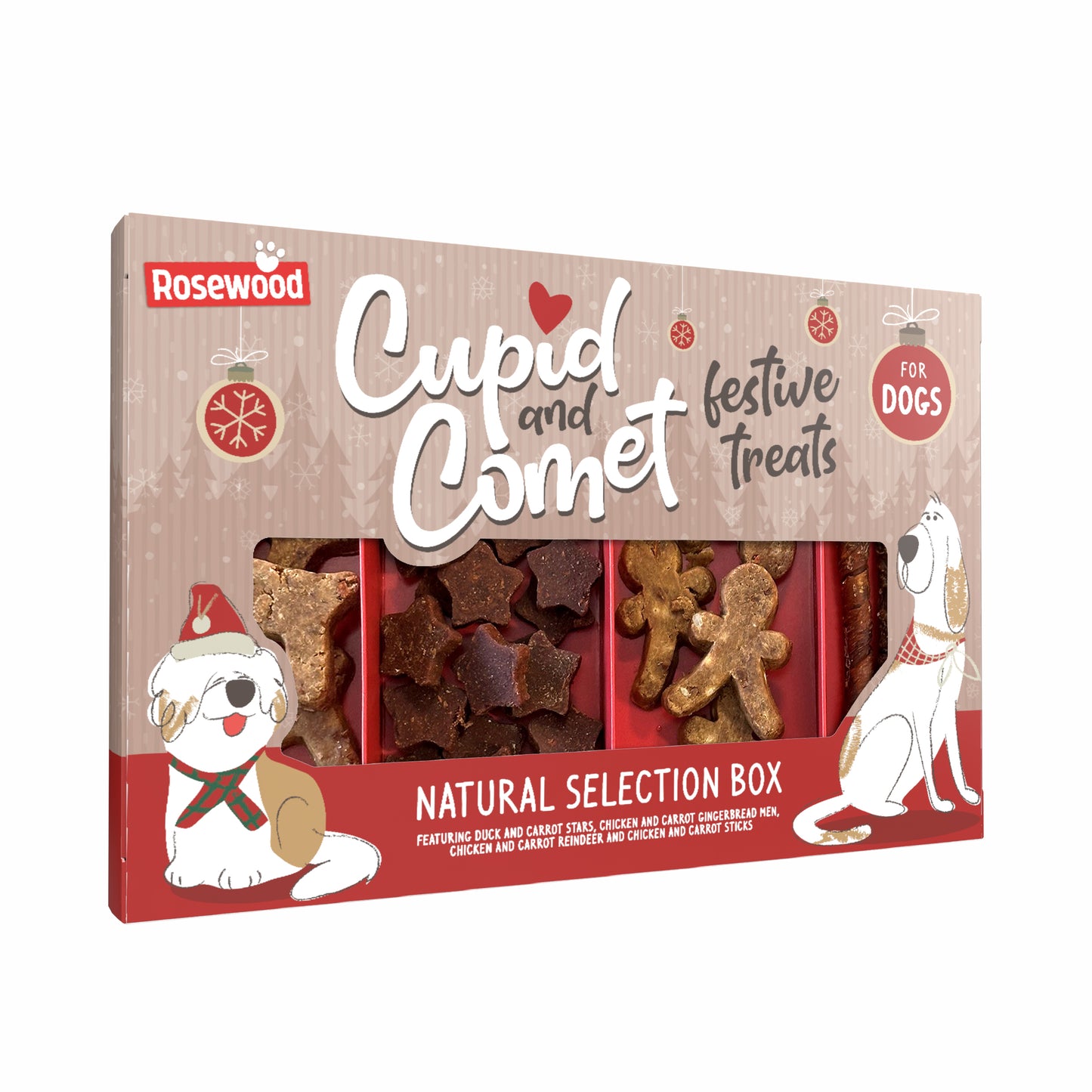 Rosewood Cupid and Comet festive treats for dogs packaging on a white background