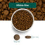 Dog food kibble in a bowl with measurement details on a white background