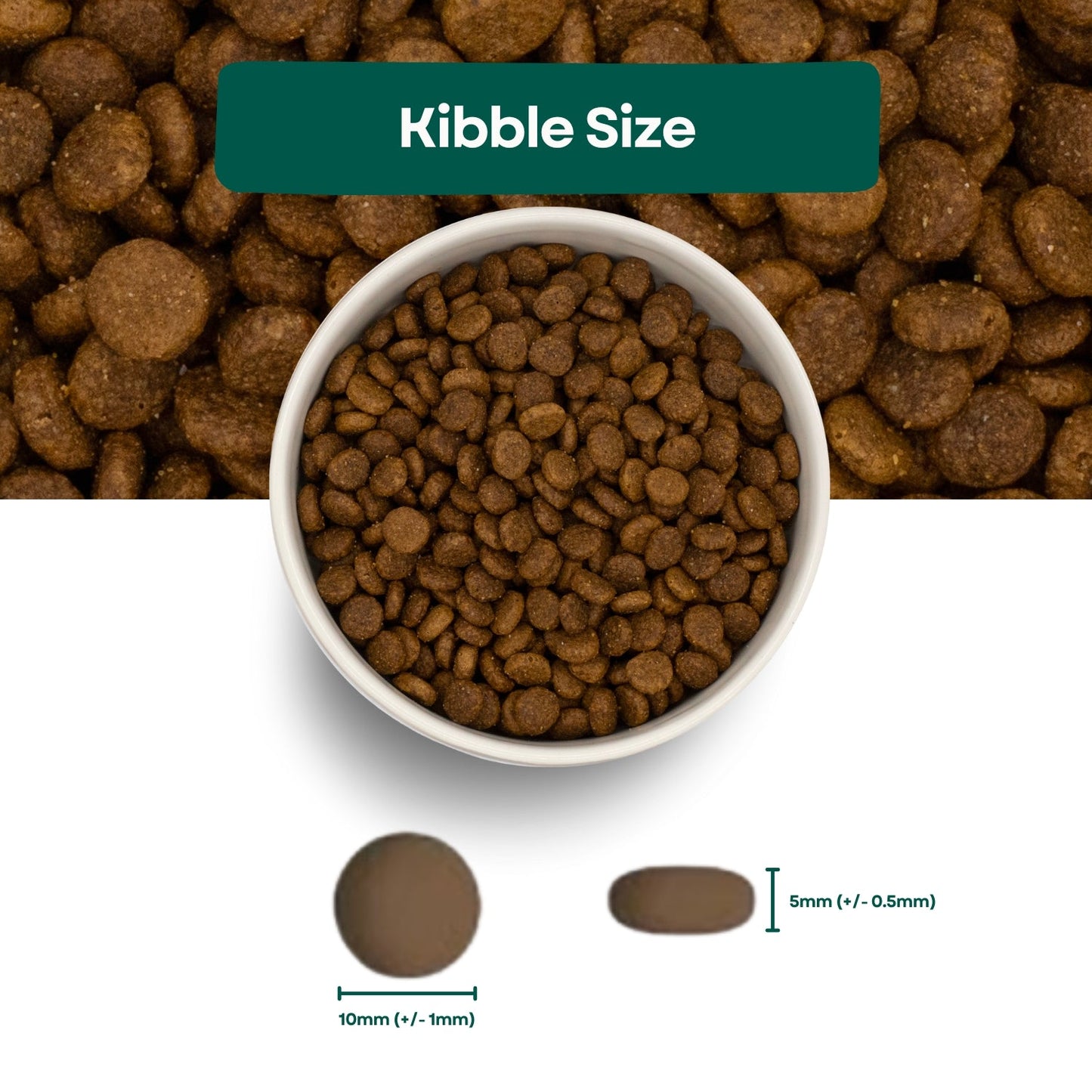 Dog food kibble in a bowl with measurement details on a white background