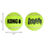 Two yellow KONG SqueakAir tennis balls with dimensions on a white background