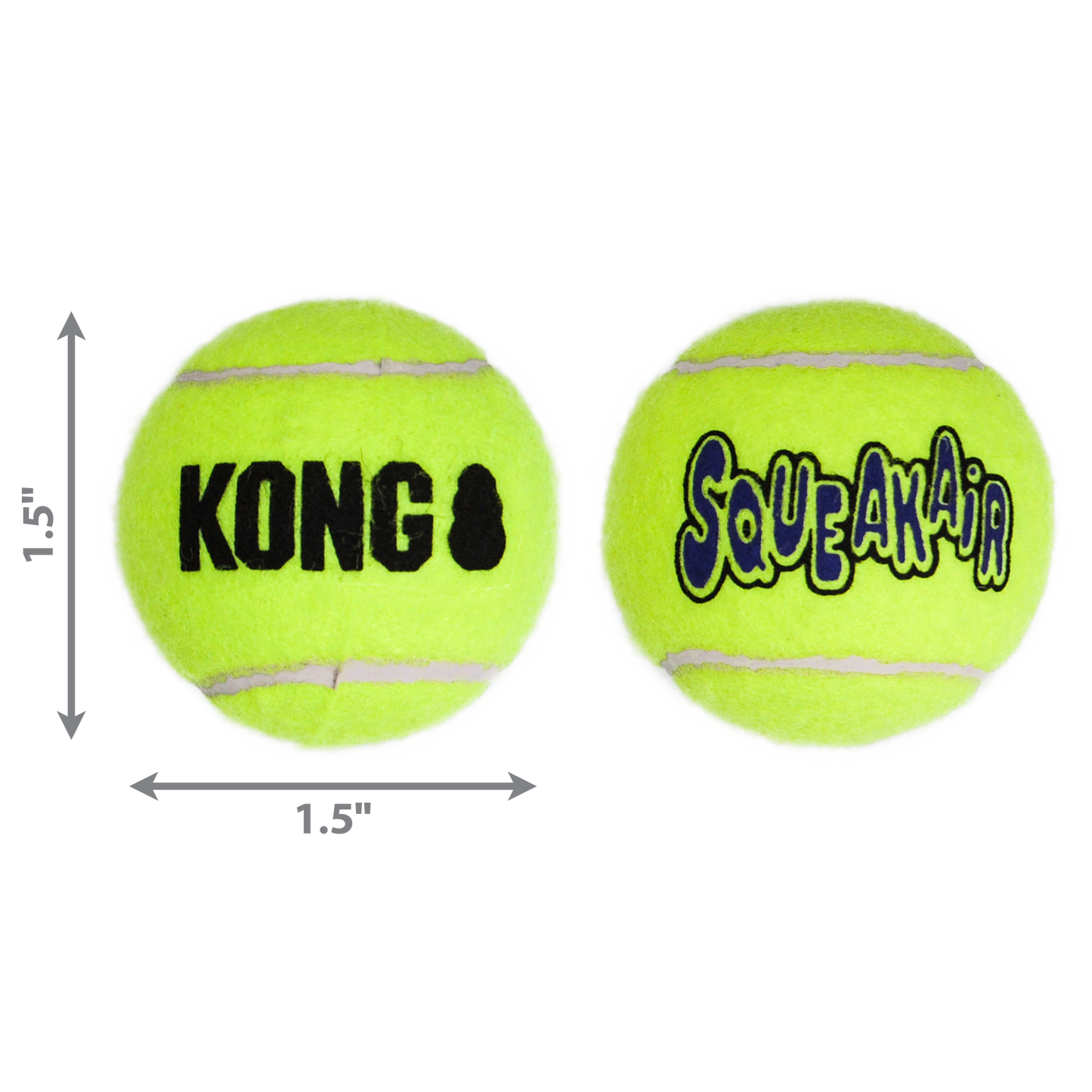 Two yellow KONG SqueakAir tennis balls with dimensions on a white background