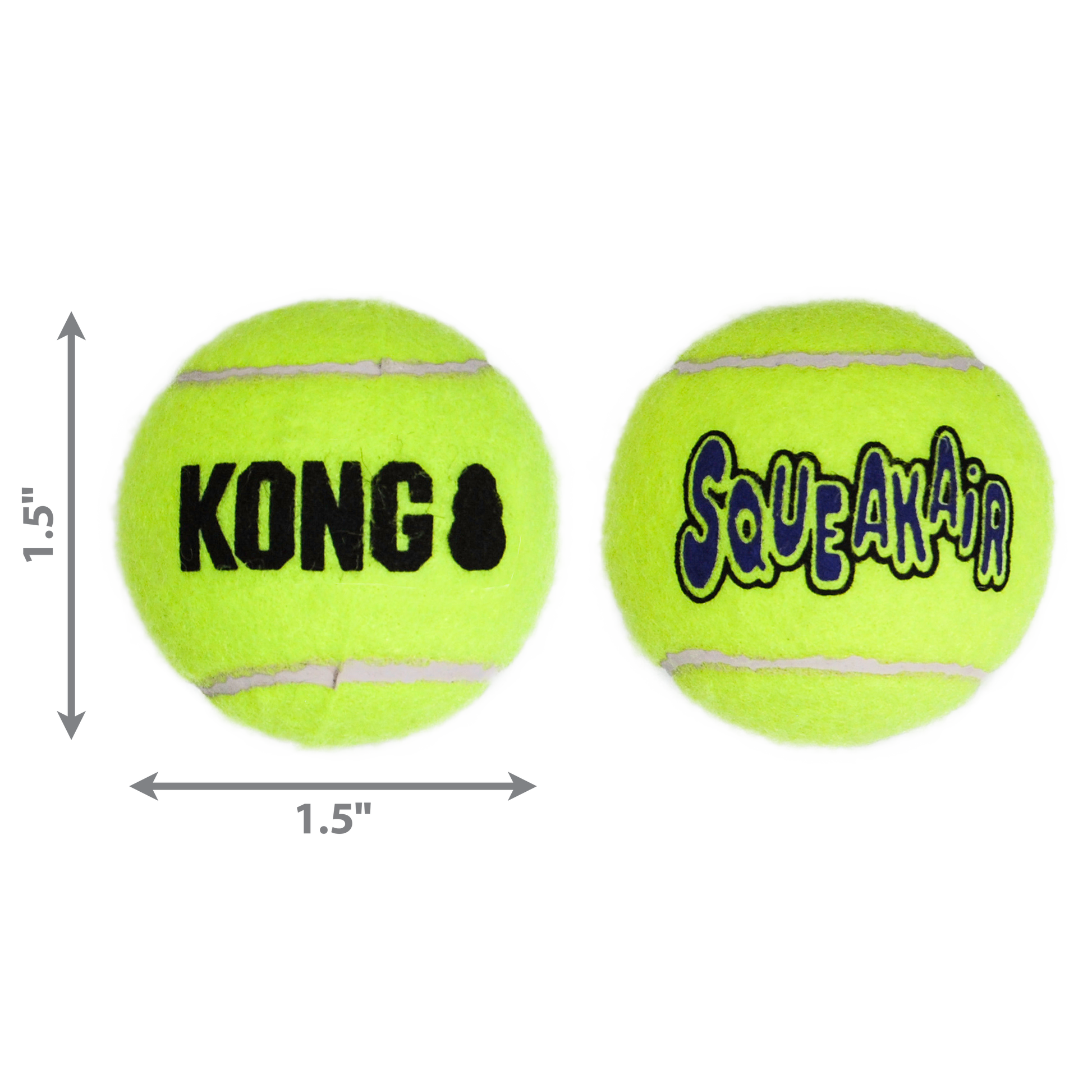 Two yellow KONG SqueakAir tennis balls with dimensions on a white background