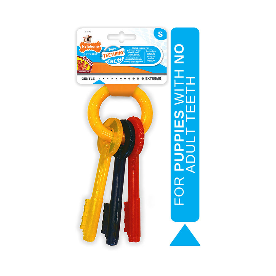 Dog toy  ring with three keys, with packaging on a white background