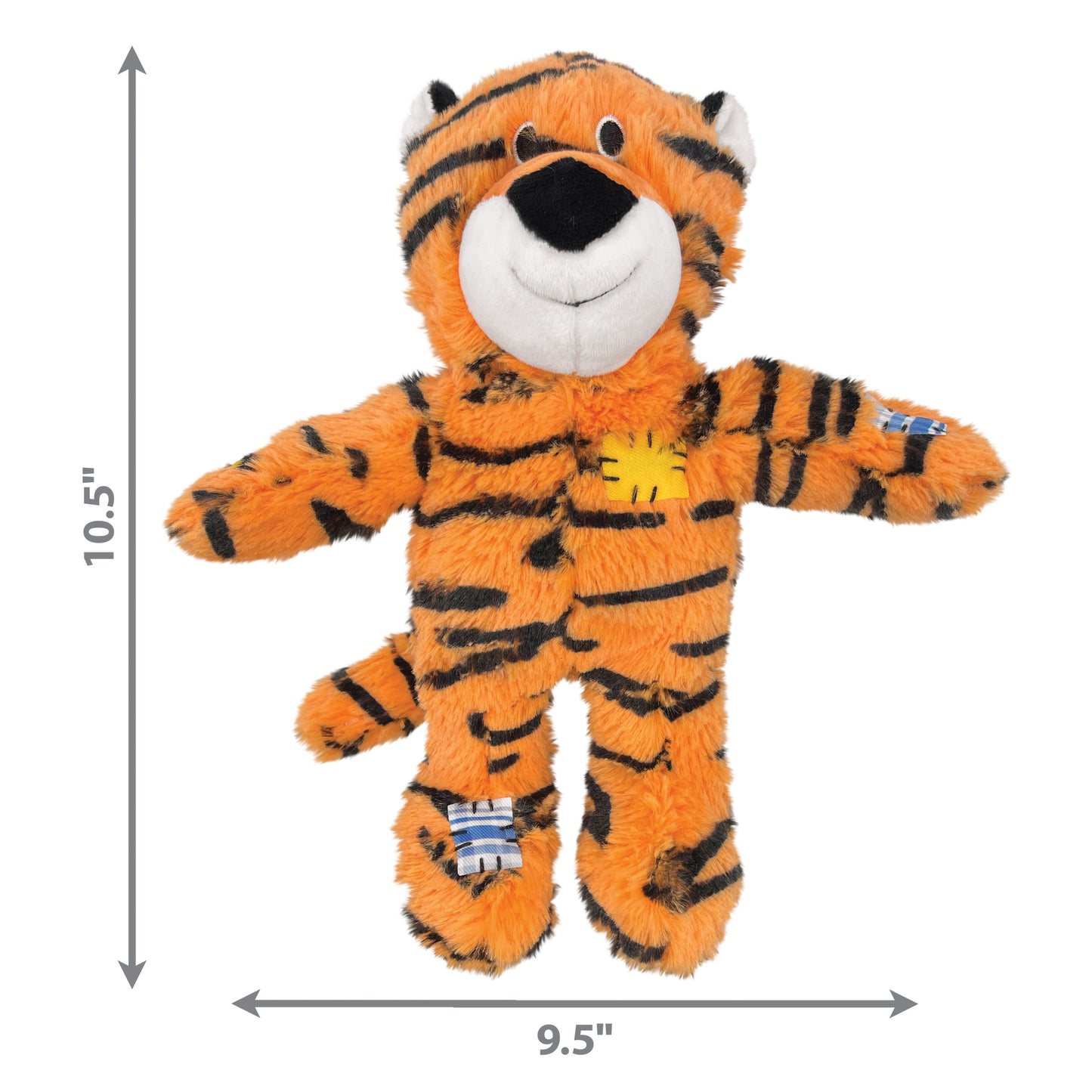 Plush tiger dog toy with dimensions on a white background