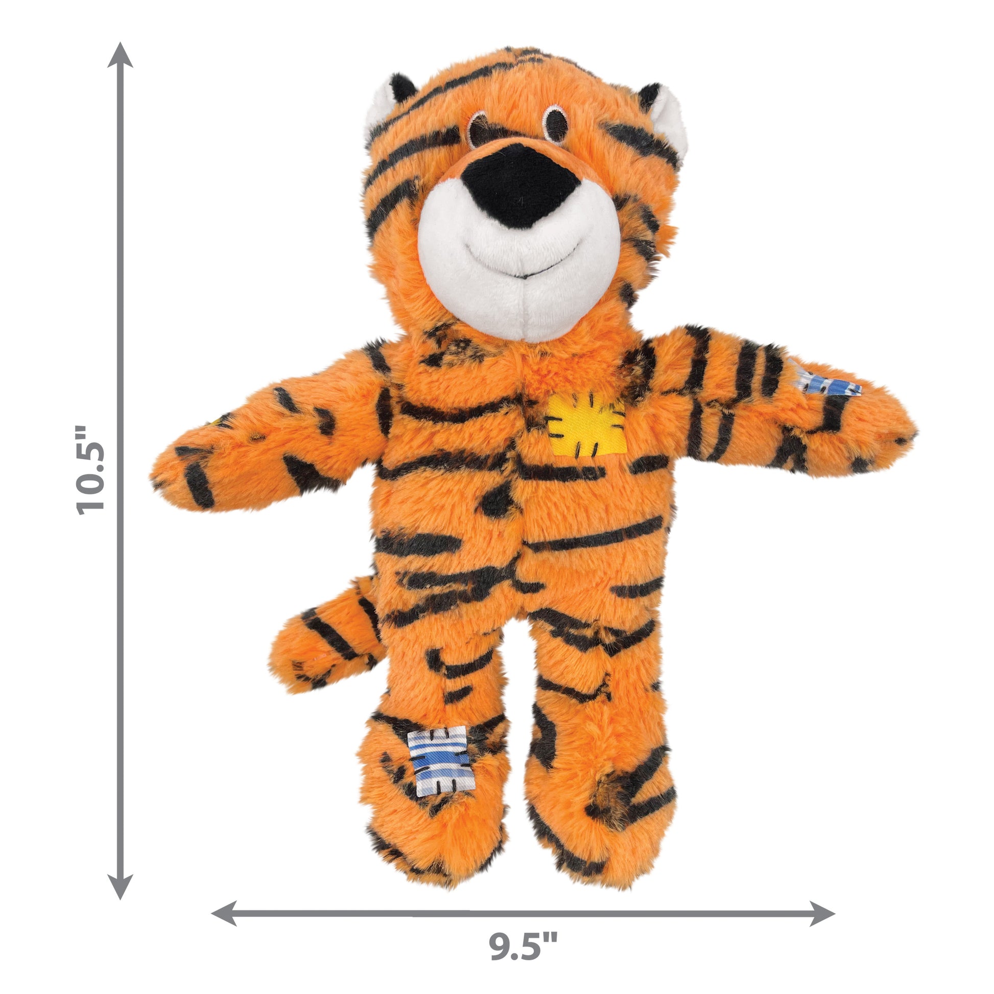 Plush tiger dog toy with dimensions on a white background