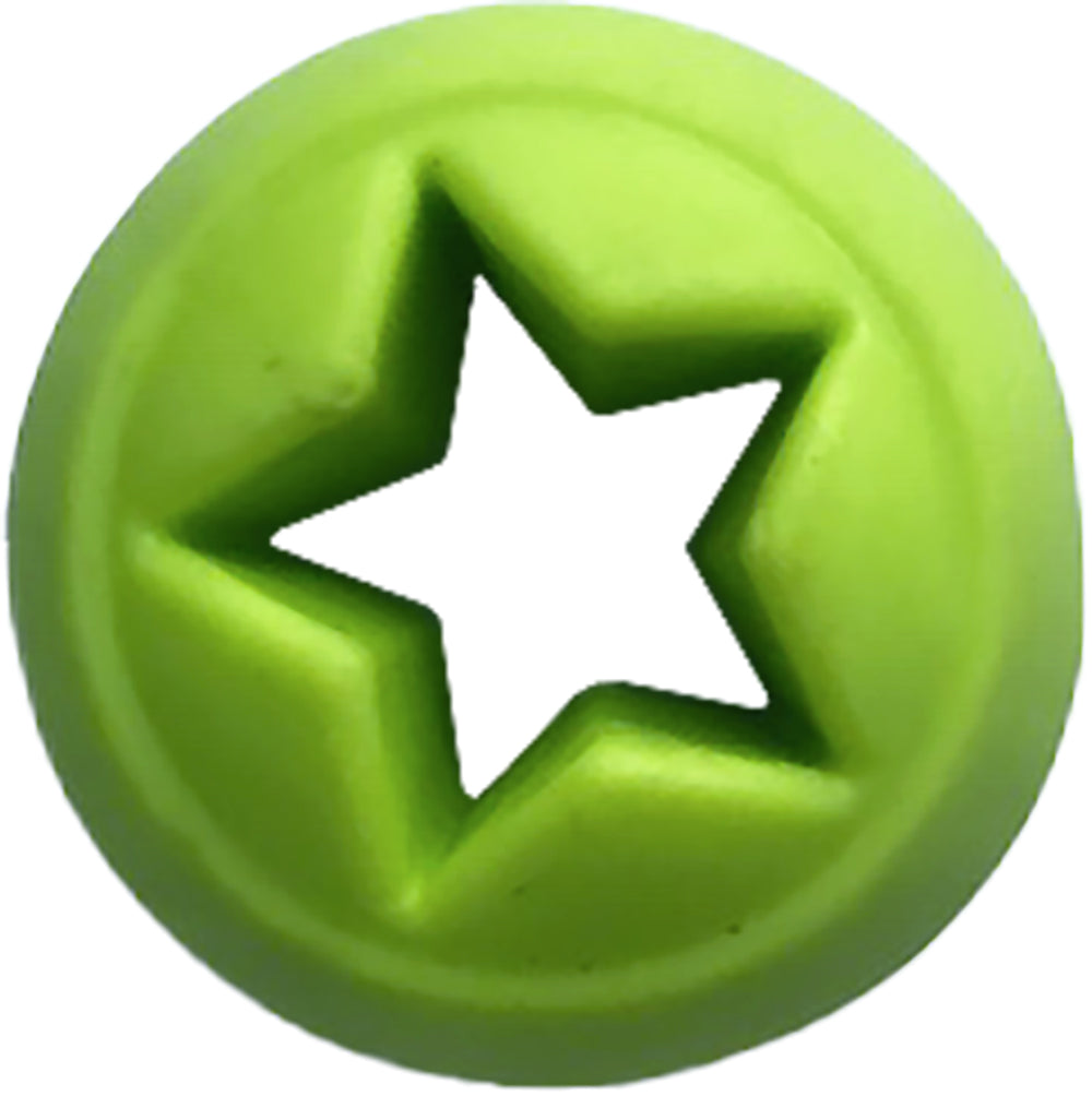 Green rubber dog toy with star-shaped hole on a white background