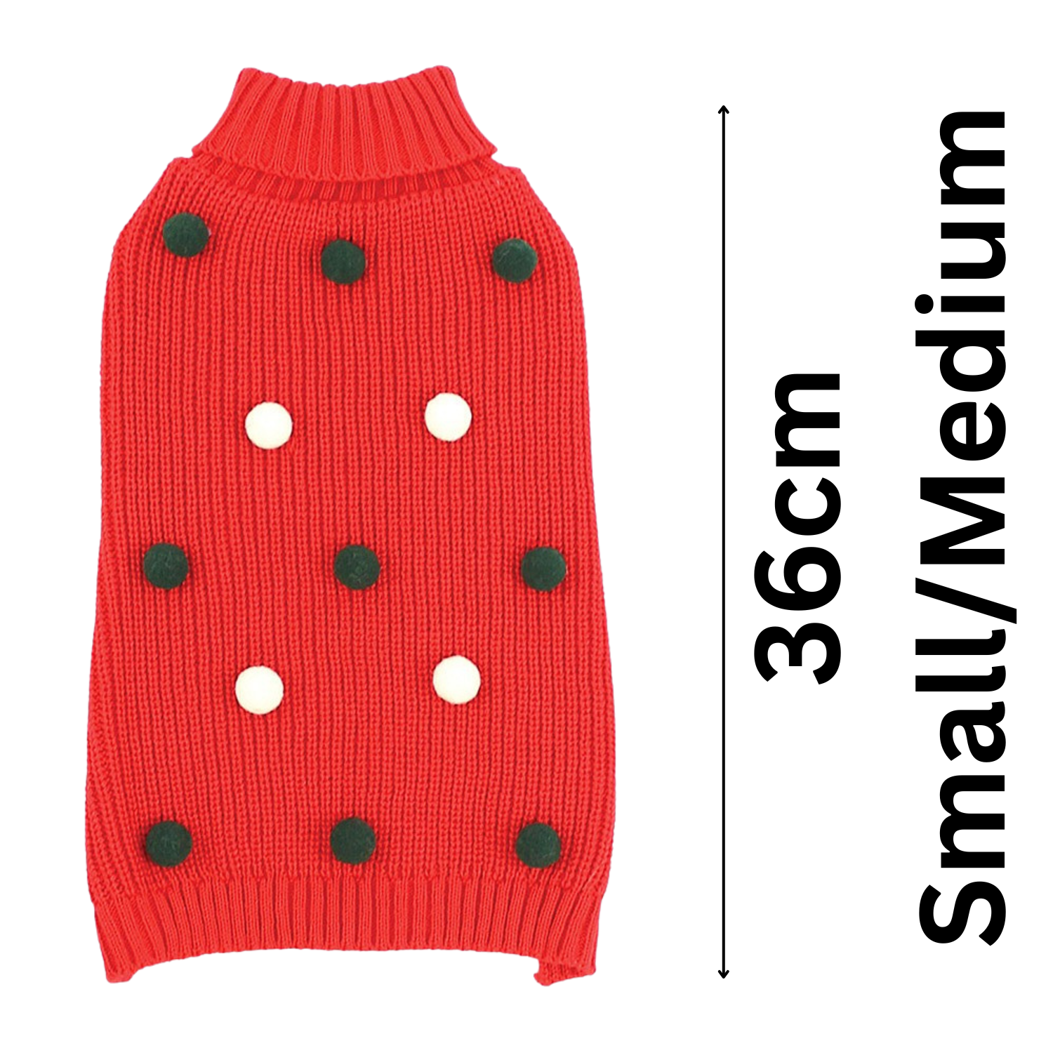 Red dog sweater with black and white polka dots on a white background