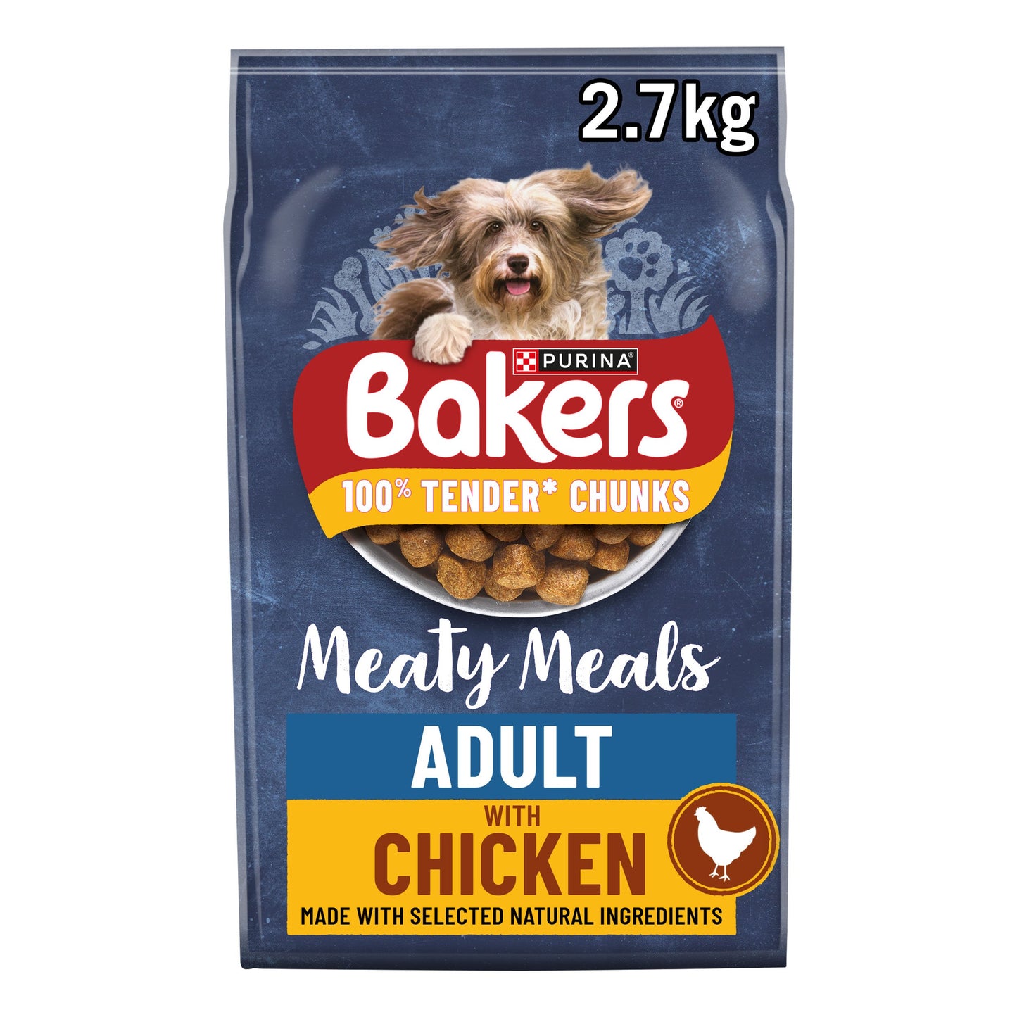 Bakers dog food package with a dog on the label, featuring chicken as an ingredient.