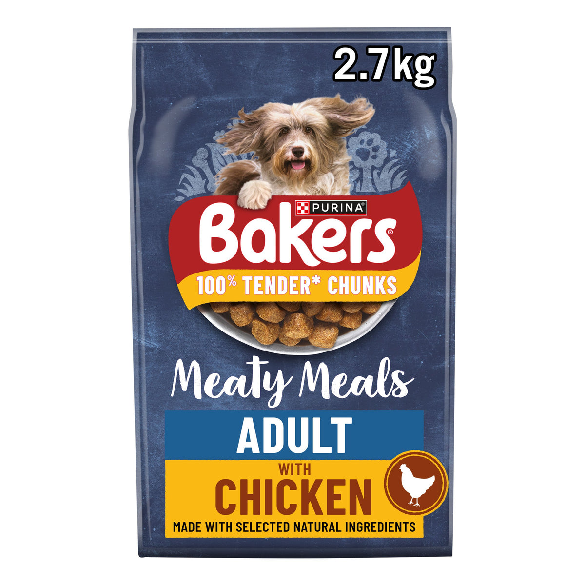 Bakers dog food package with a dog on the label, featuring chicken as an ingredient.