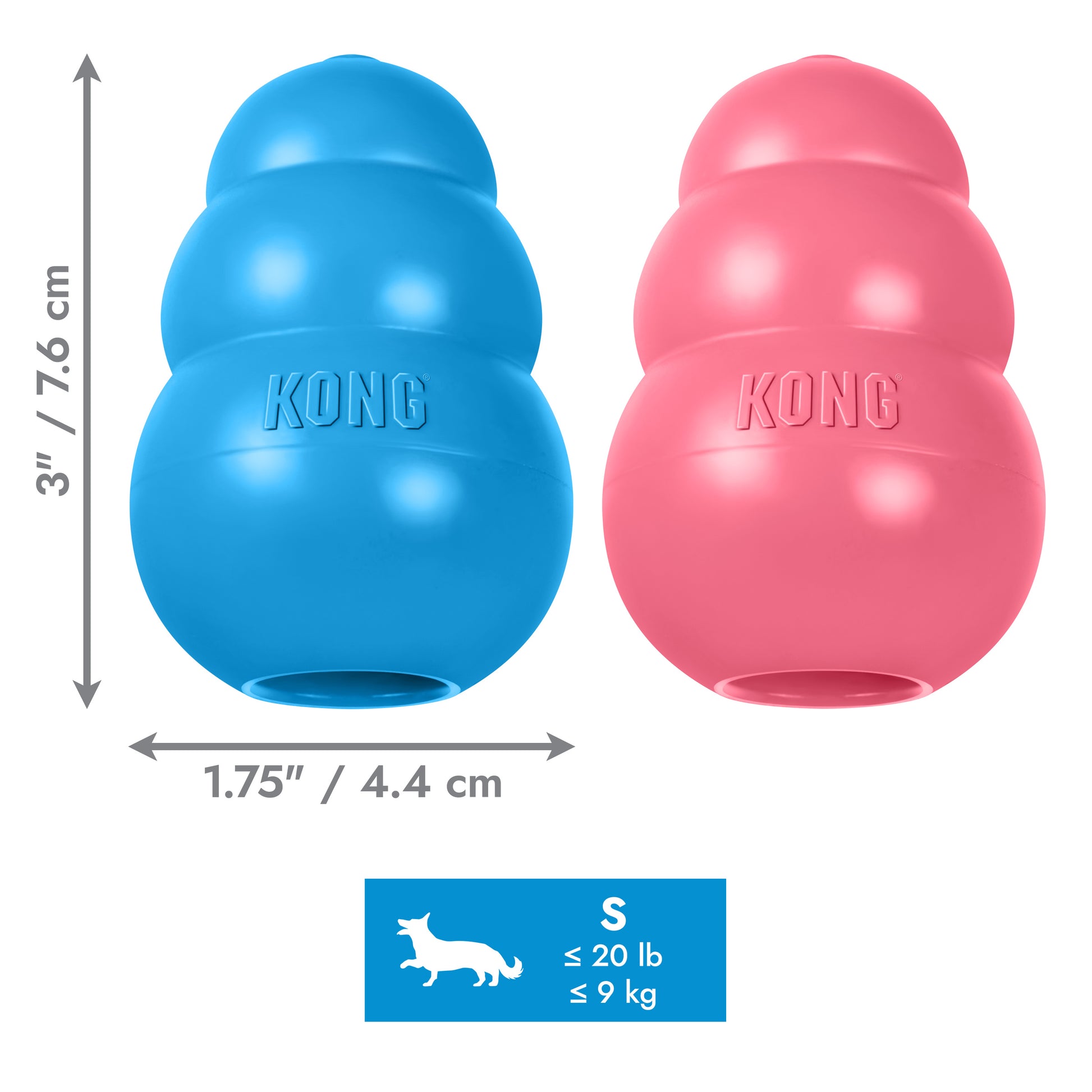 Blue and pink KONG dog toys with measurements and weight limit on a white background