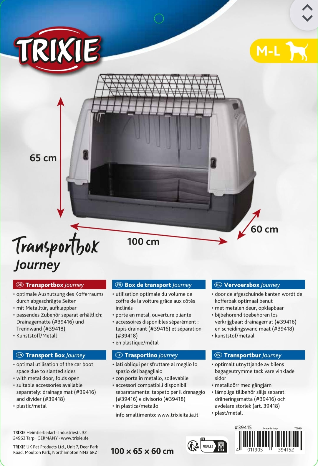 Trixie Journey | Dog Transport Travel Box | Angled Plastic Crate Cage for Safe Car Trips in Boot