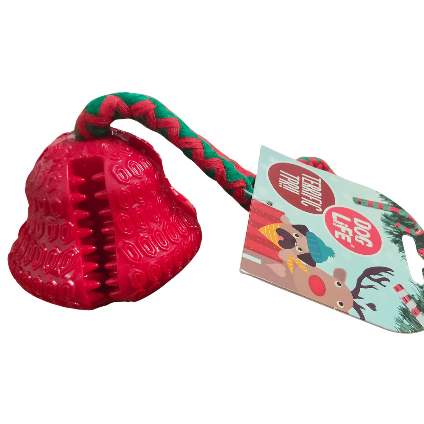 Red dog toy with a green and red rope and a tag on a white background