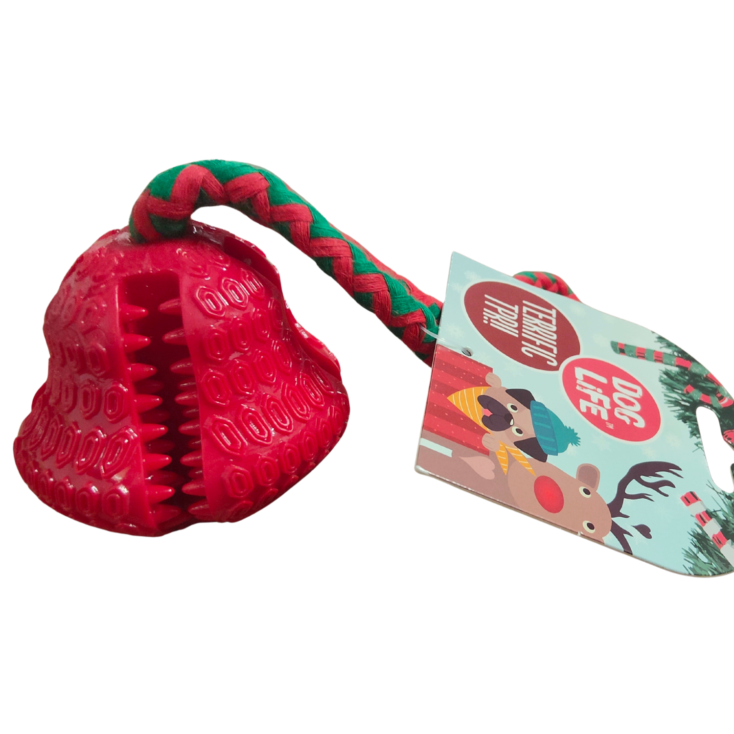 Red dog toy with a green and red rope and a tag on a white background
