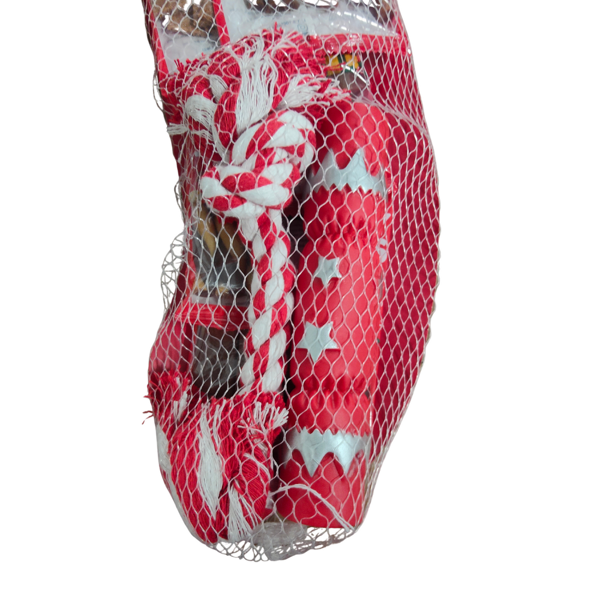 Red dog Christmas stockings with white floral patterns on a white background