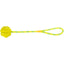 Yellow dog toy with a rope on a white background
