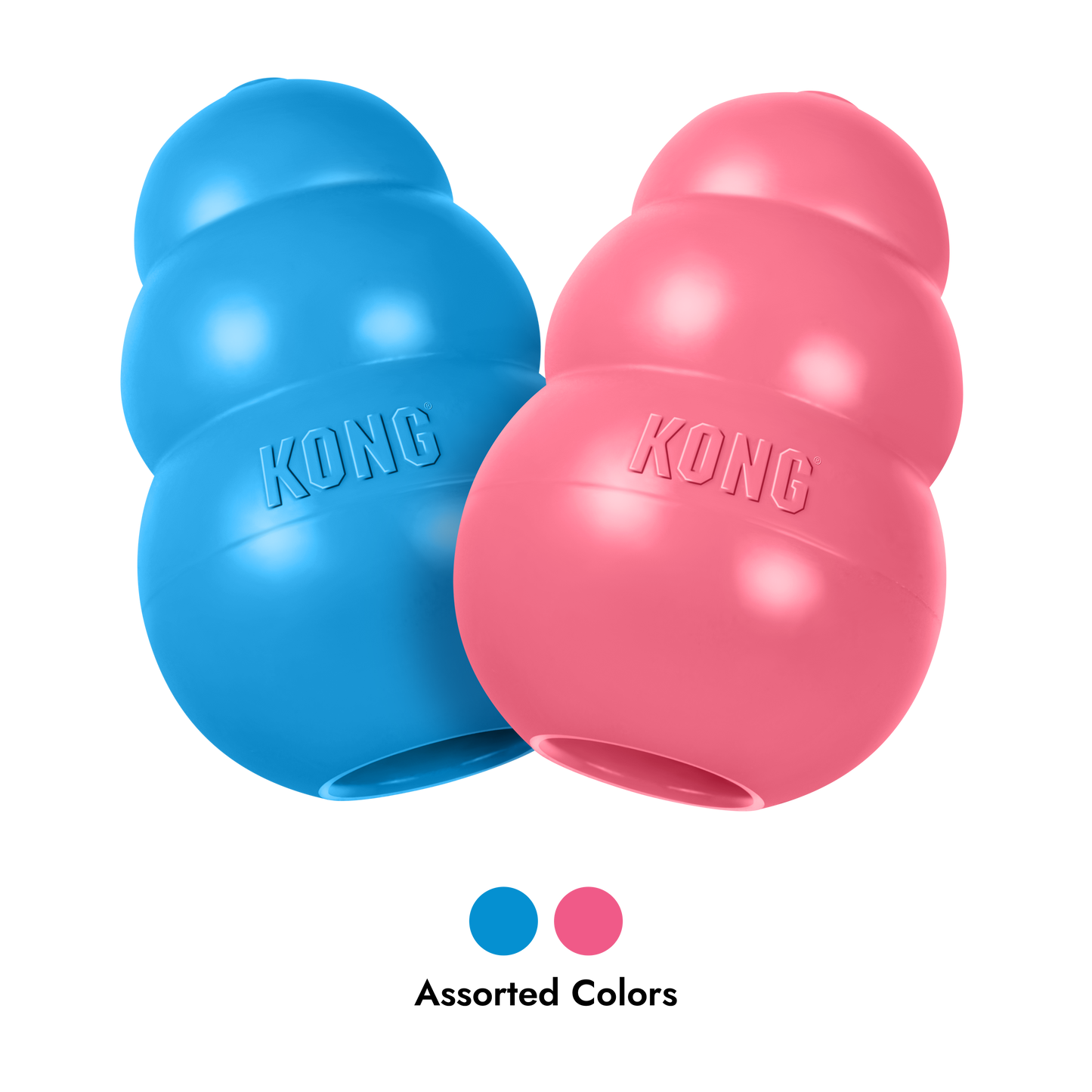 Blue and pink KONG dog toys on a white background