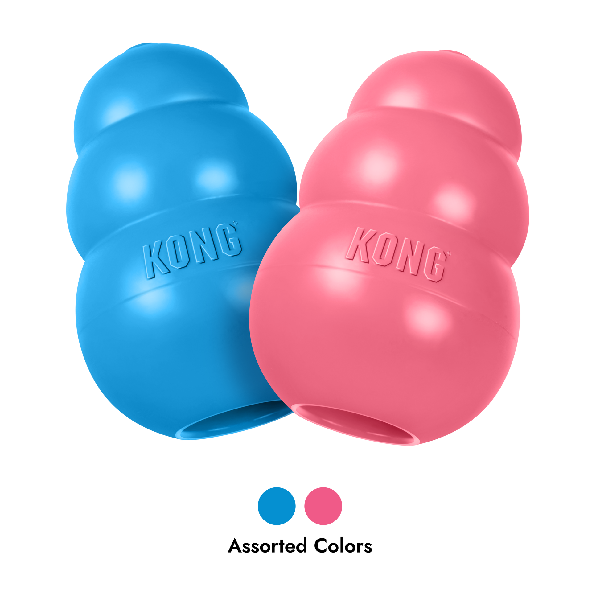 Blue and pink KONG dog toys on a white background