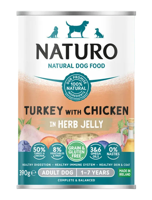Naturo Turkey & Chicken in a Herb Jelly Grain Free Wet Dog Food Tin 390g