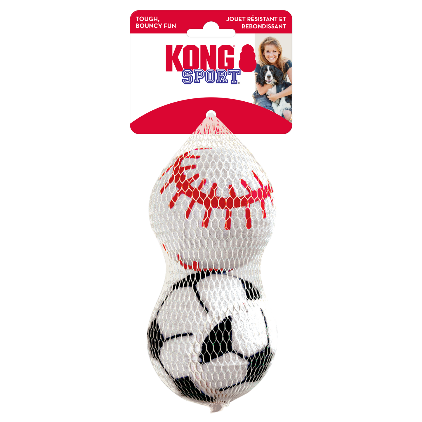Kong Sport dog toy in a mesh bag with packaging on a white background
