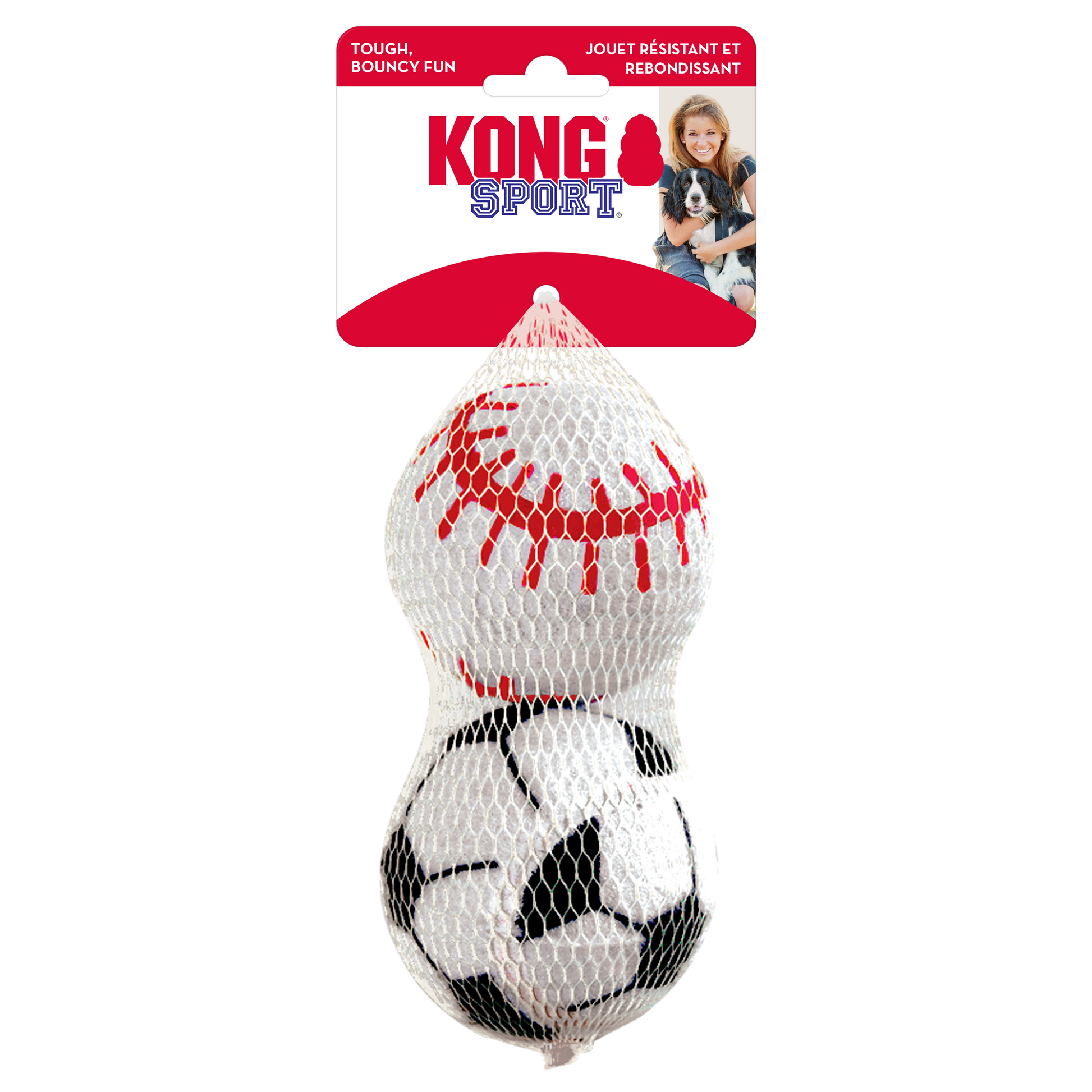 Kong Sport dog toy in a mesh bag with packaging on a white background