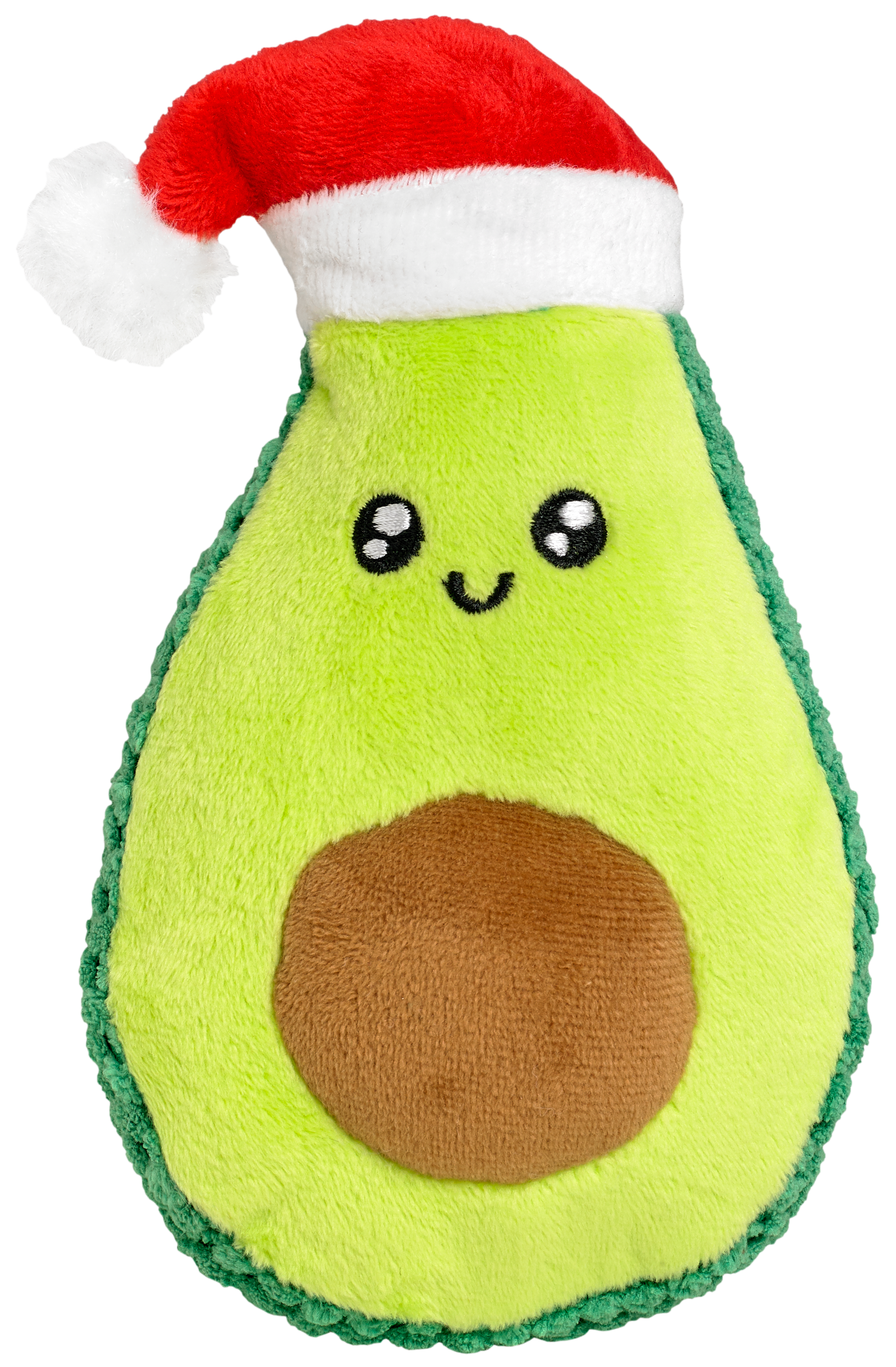 Plush avocado dog toy with a Santa hat on a white background